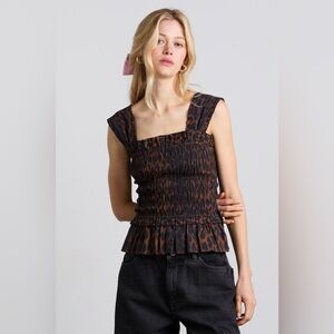 Damson Madder — Tish Shirred Peplum Cami Top — Dark Leopard